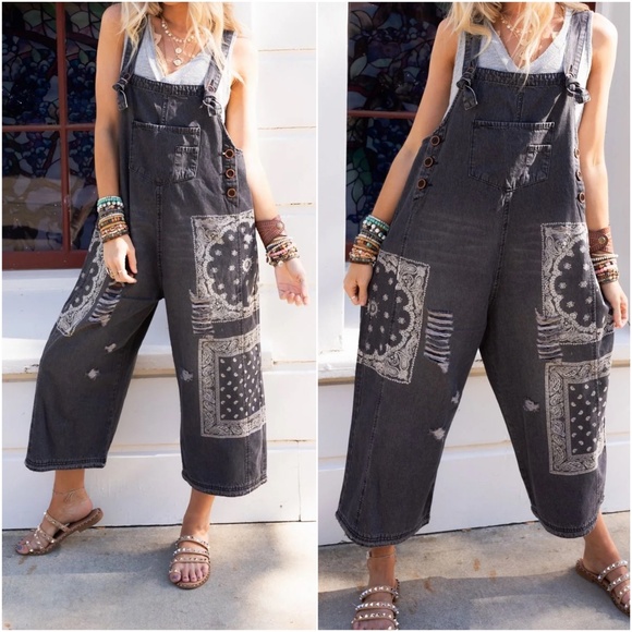 Denim - 017  Vintage Wash Paisley Print Black Oversized Overalls